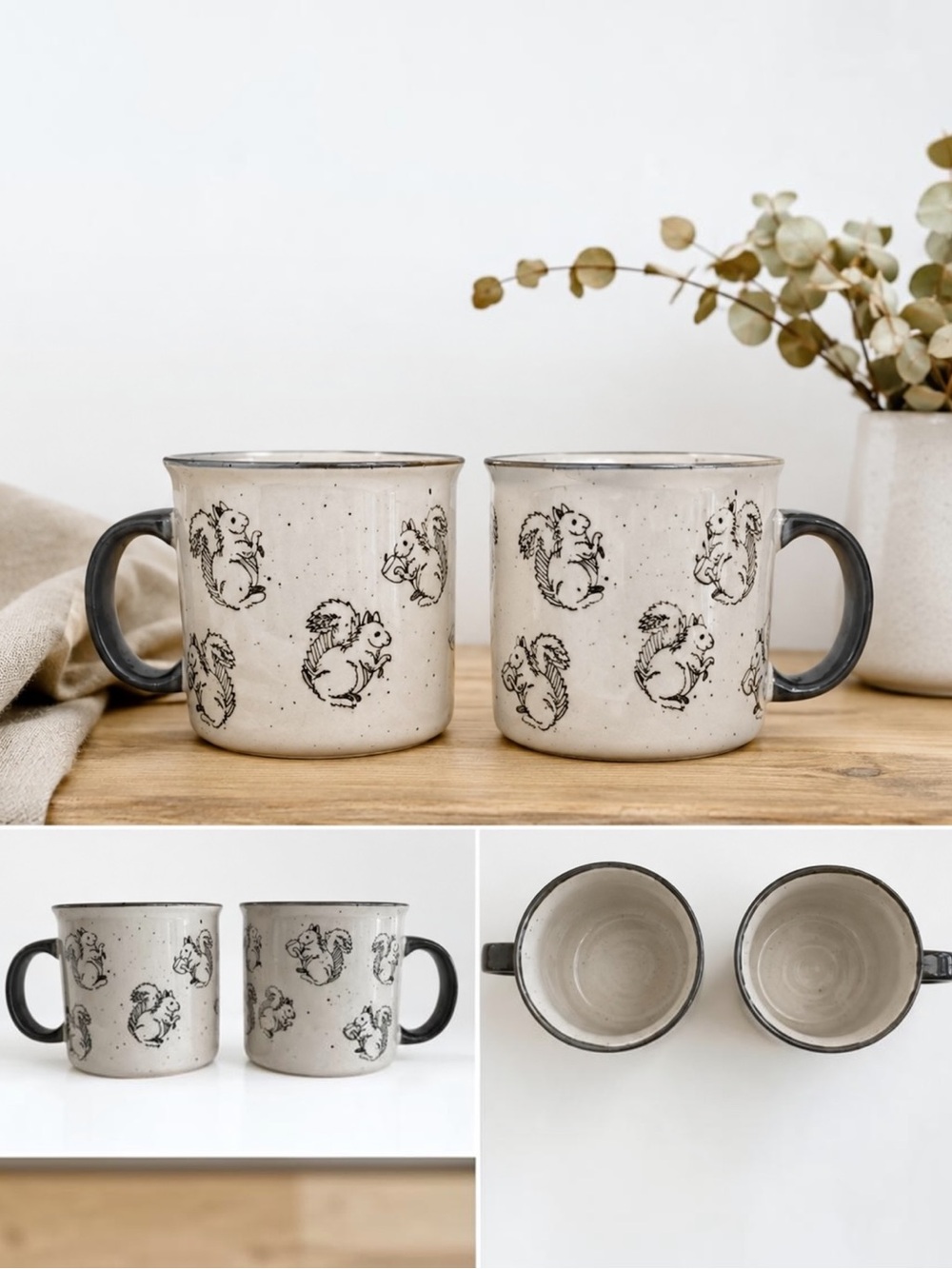 Meritage Set of 2 Squirrel Stoneware Mugs Speckled Cream Gray Cottage Woodland